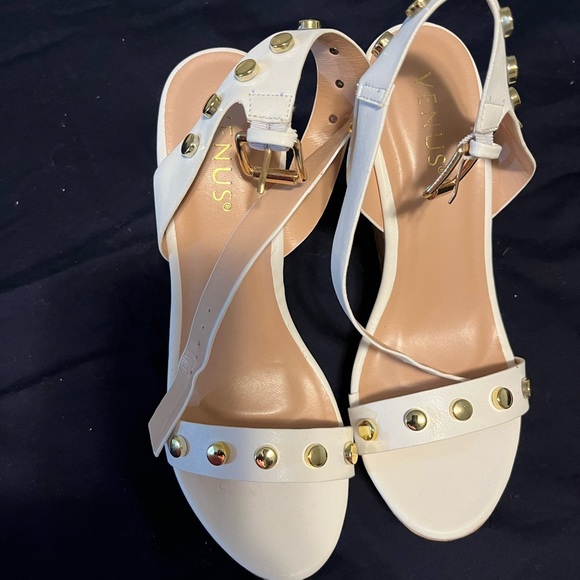 New Studded Leather White Cork Wedges - Picture 3 of 4